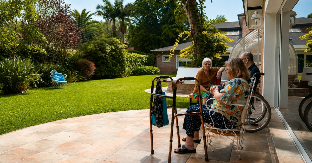 Residentes conversando en el jardin de la residencia